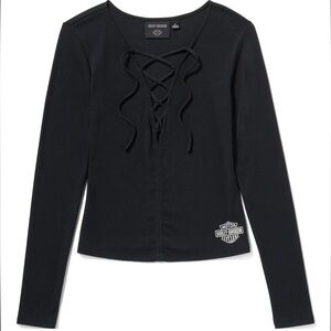 Harley-Davidson Women's Lace Up Deep V-Neck Long Sleeve Shirt, Black - Size M